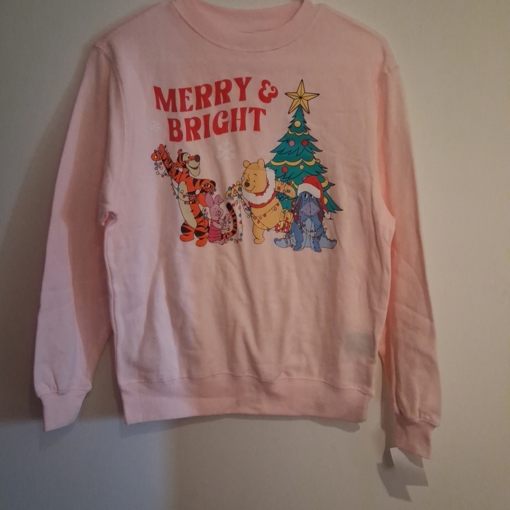 NWT Juniors' Disney Pink Winnie the Pooh Merry & Bright Sweatshirt